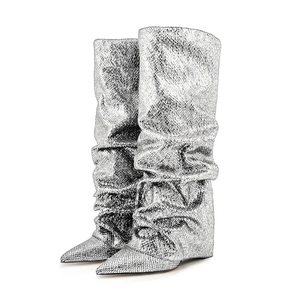 Merendy Yara pointed toe low heel slip-on Jeweled knee high boots