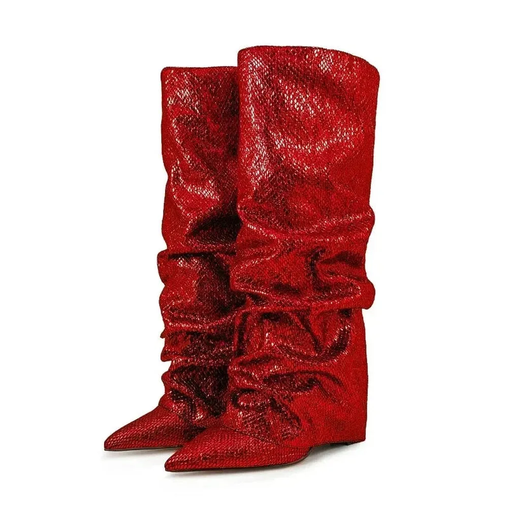 Merendy Yara pointed toe low heel slip-on Jeweled knee high boots