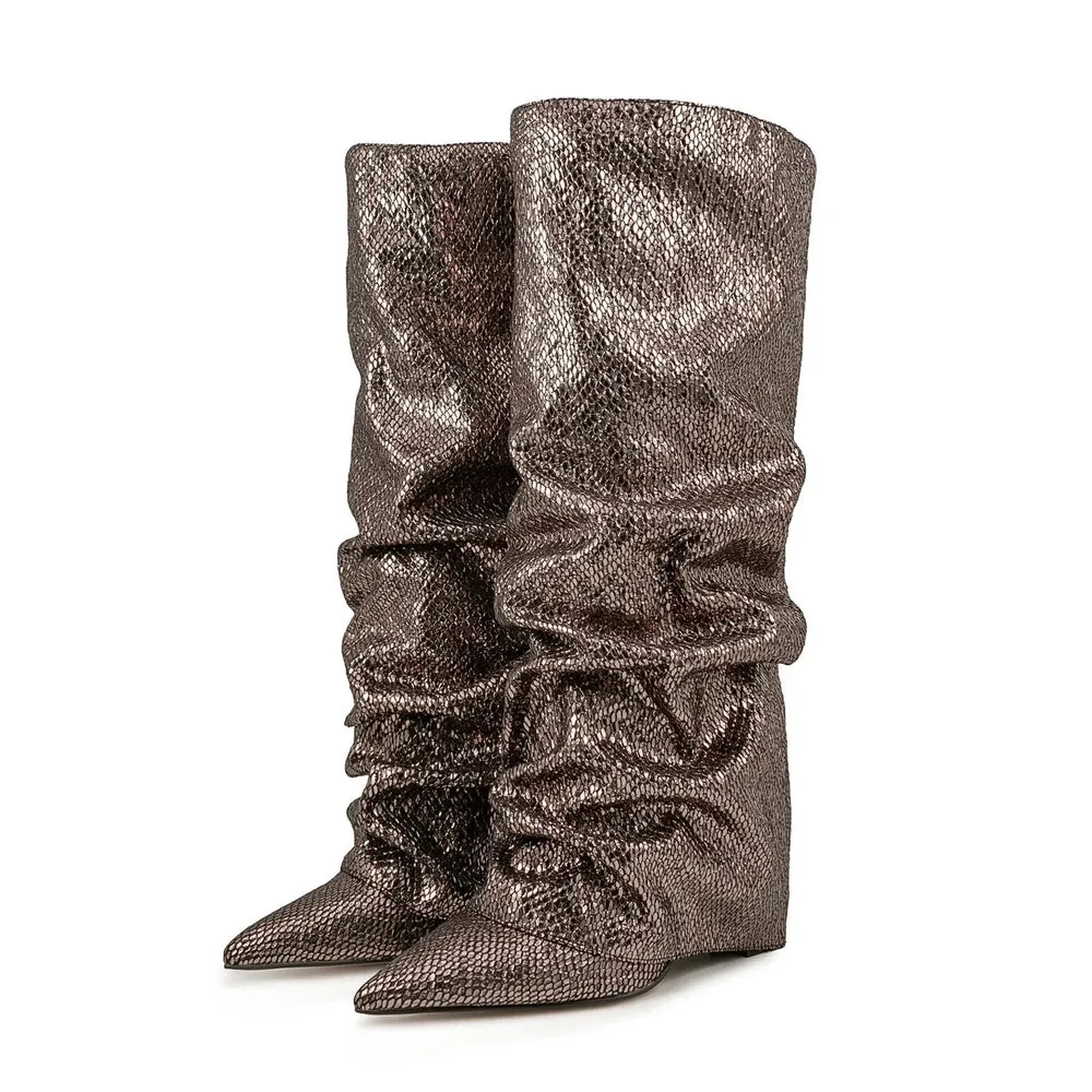Merendy Yara pointed toe low heel slip-on Jeweled knee high boots