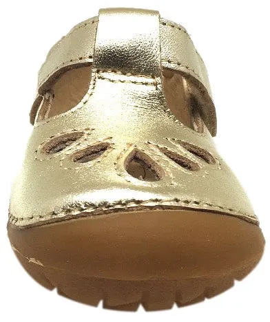 Old Soles Girl's Pave Petal Gold Leather T-Strap Hook and Loop Floral Mary Jane Walking Shoe
