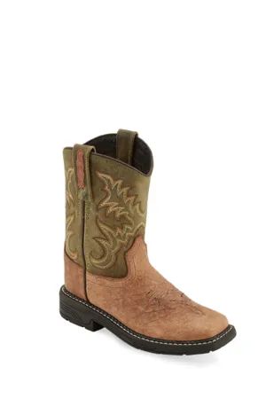 Old West Olive/Tan Children Boys Leather Cowboy Boots 3D