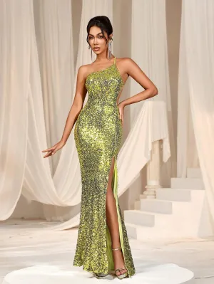 One Shoulder Backless Slit Sequin Dress