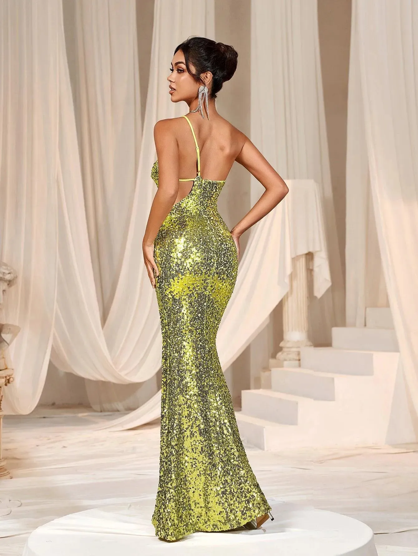 One Shoulder Backless Slit Sequin Dress