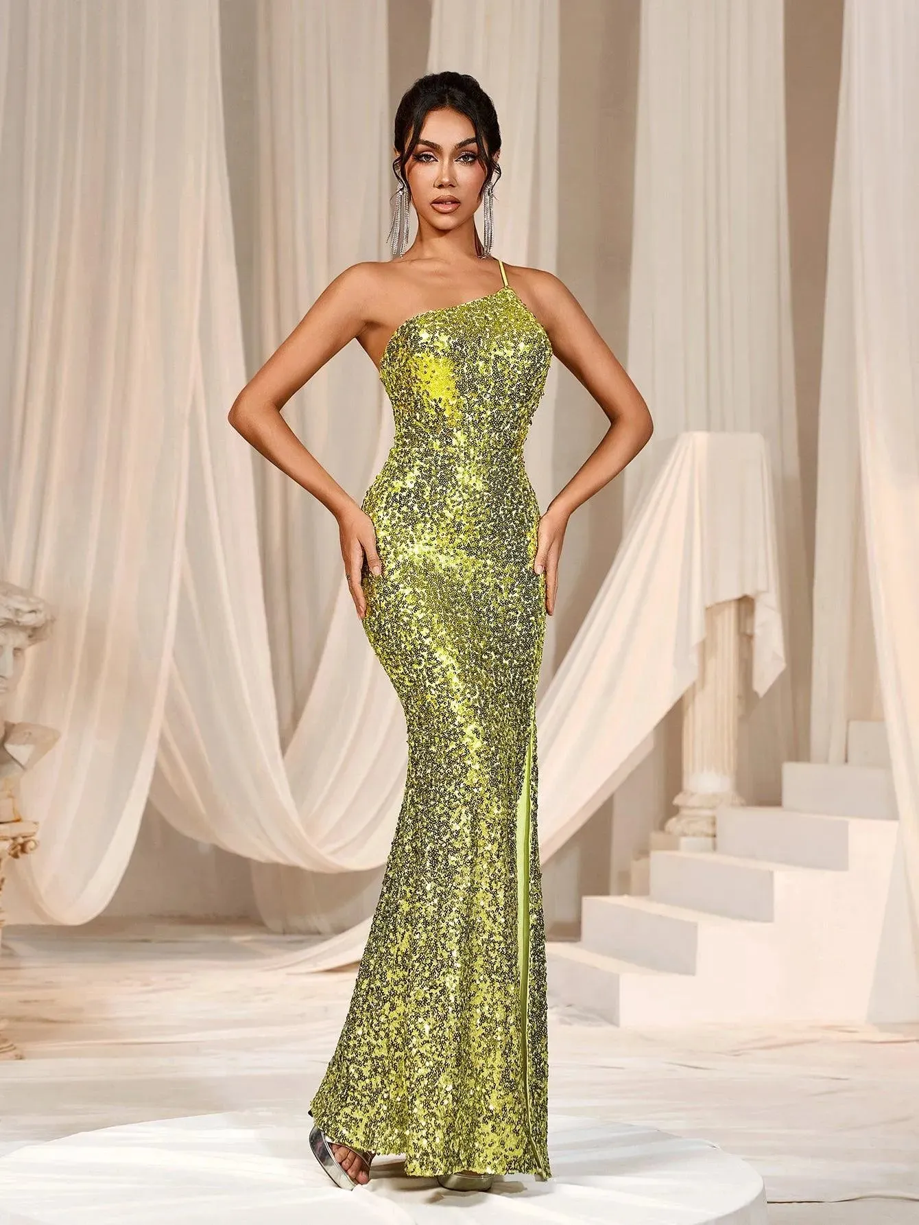 One Shoulder Backless Slit Sequin Dress