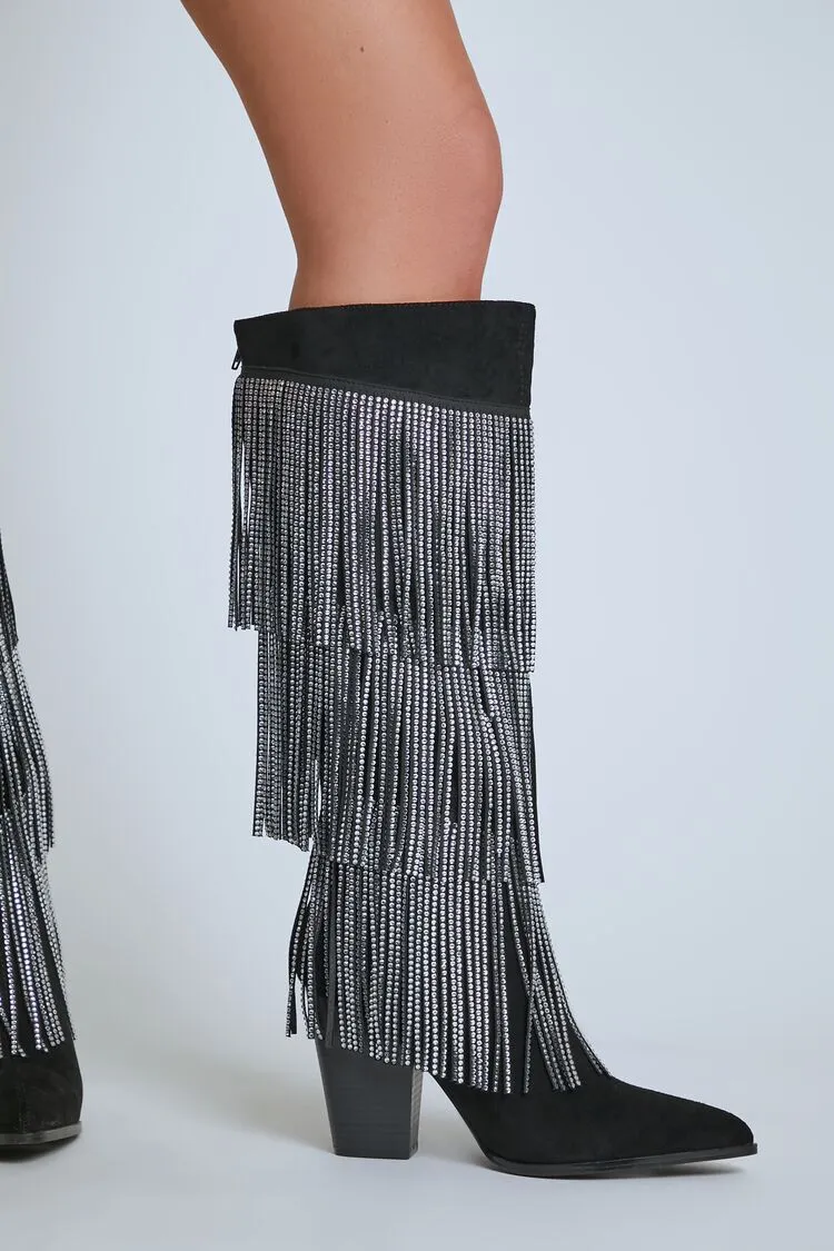 Over-the-Knee Rhinestone Fringe Boots