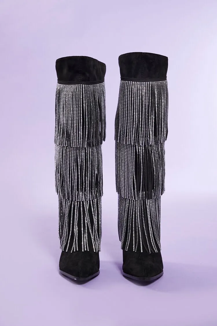 Over-the-Knee Rhinestone Fringe Boots