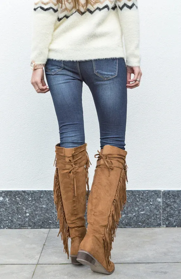 Overknee Fringe Boots Camel