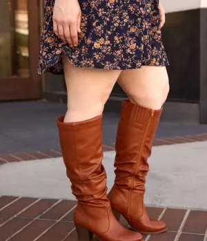 "Wide Calf" Block Heel Dress Boots COGNAC