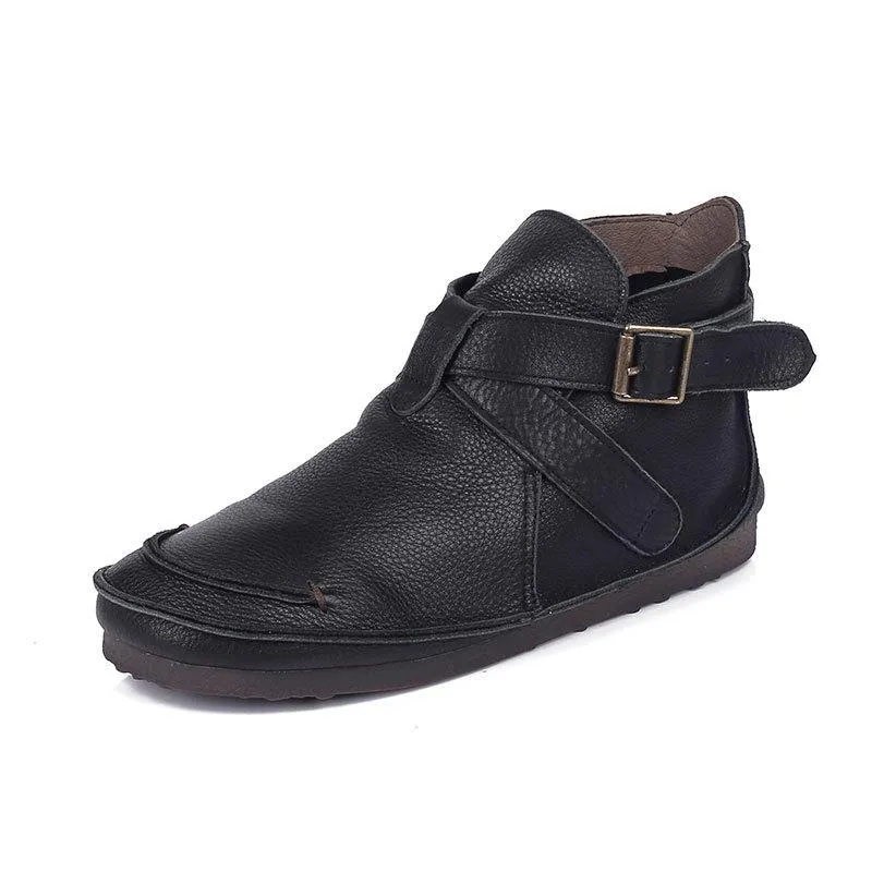 Retro Genuine Leather Soft Flat Boots For Women Round Toe Buckle Mori Girl Style Wide Fit Brown/Black/Khaki