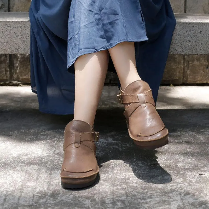 Retro Genuine Leather Soft Flat Boots For Women Round Toe Buckle Mori Girl Style Wide Fit Brown/Black/Khaki