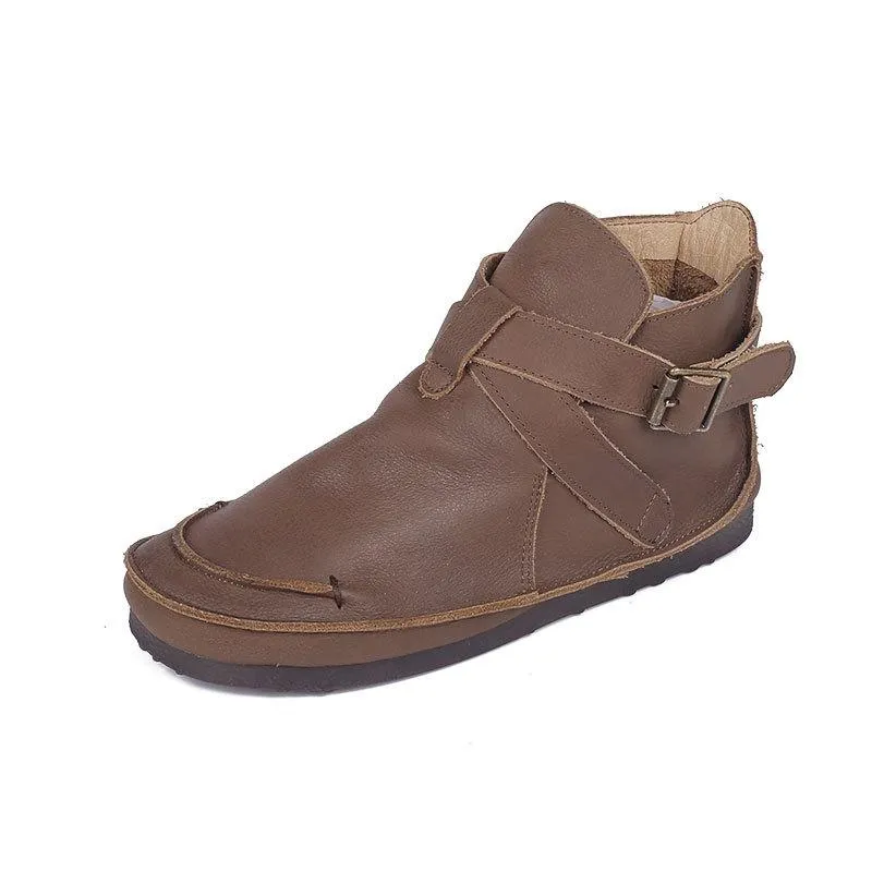 Retro Genuine Leather Soft Flat Boots For Women Round Toe Buckle Mori Girl Style Wide Fit Brown/Black/Khaki