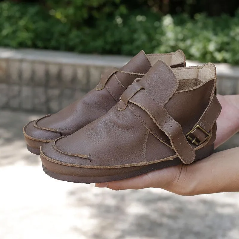 Retro Genuine Leather Soft Flat Boots For Women Round Toe Buckle Mori Girl Style Wide Fit Brown/Black/Khaki