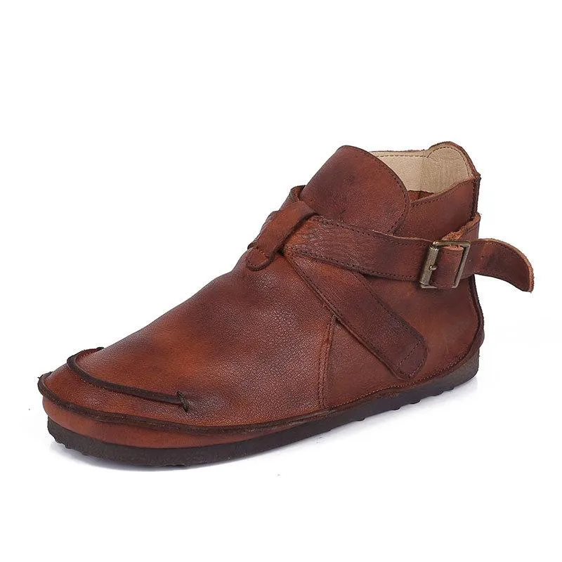 Retro Genuine Leather Soft Flat Boots For Women Round Toe Buckle Mori Girl Style Wide Fit Brown/Black/Khaki