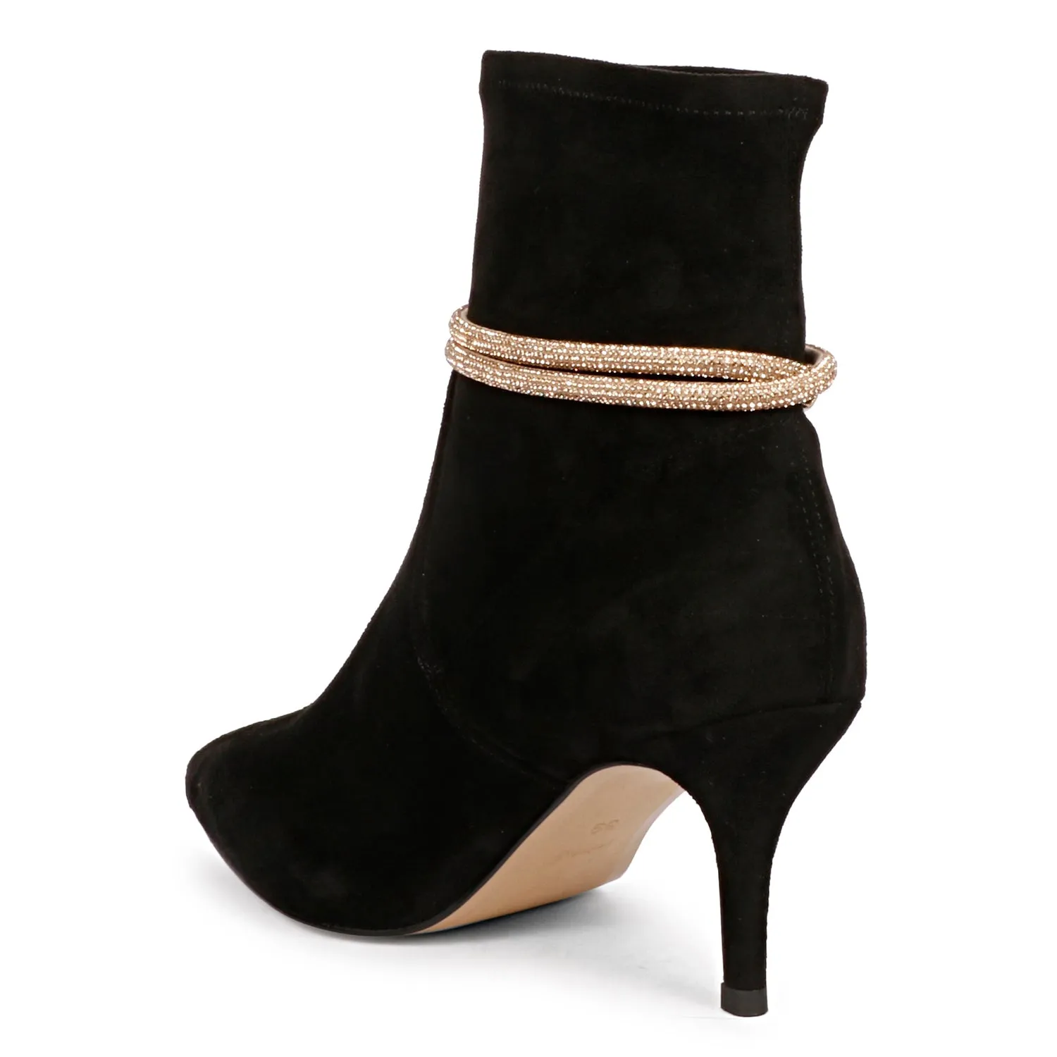 Saint Jemima Black Stretch Suede Kitten Heel Golden Cord String Ankle Boots.