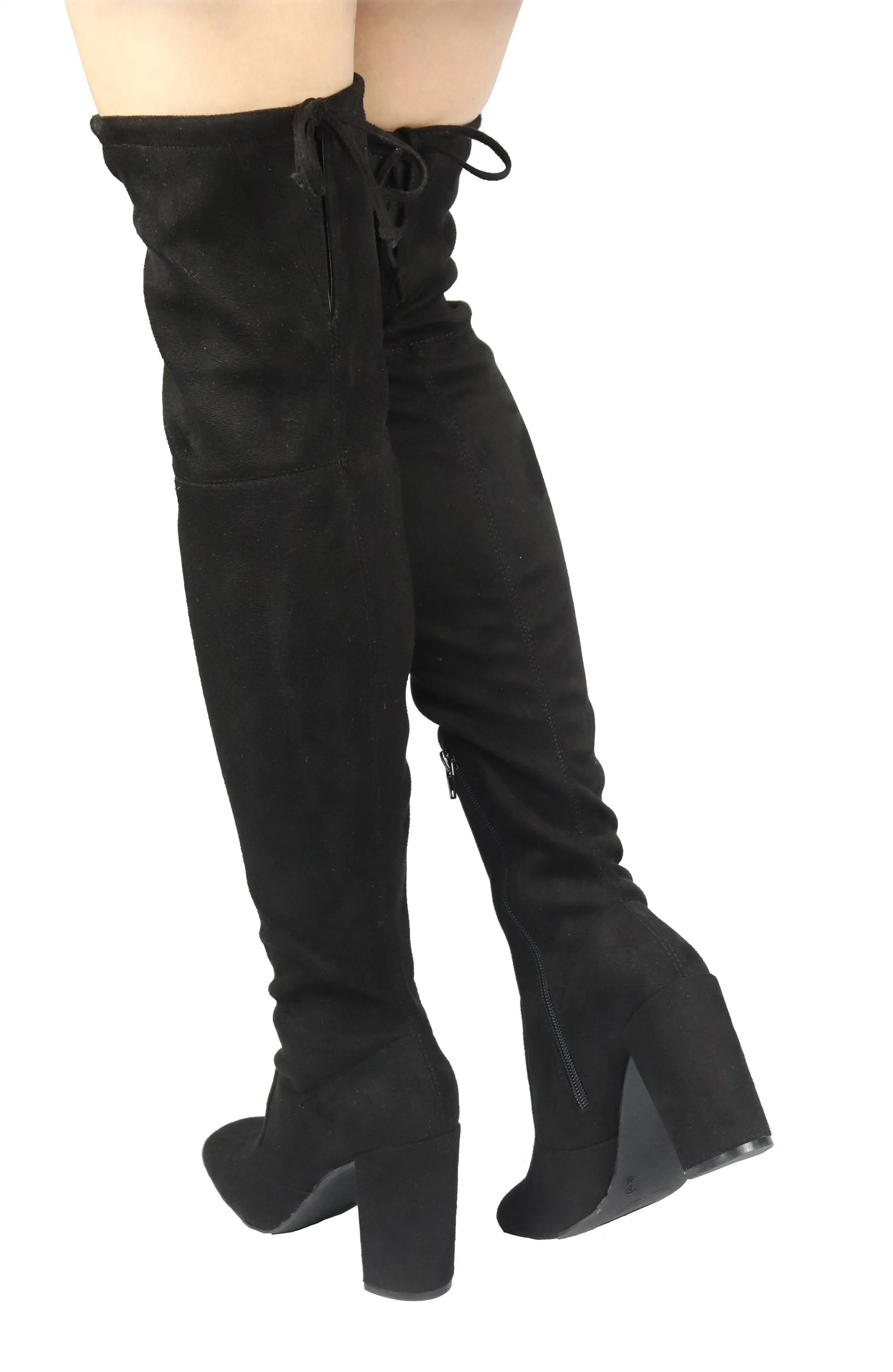 SLAY-08 Lace-Up Over The Knee Block Heel Boots