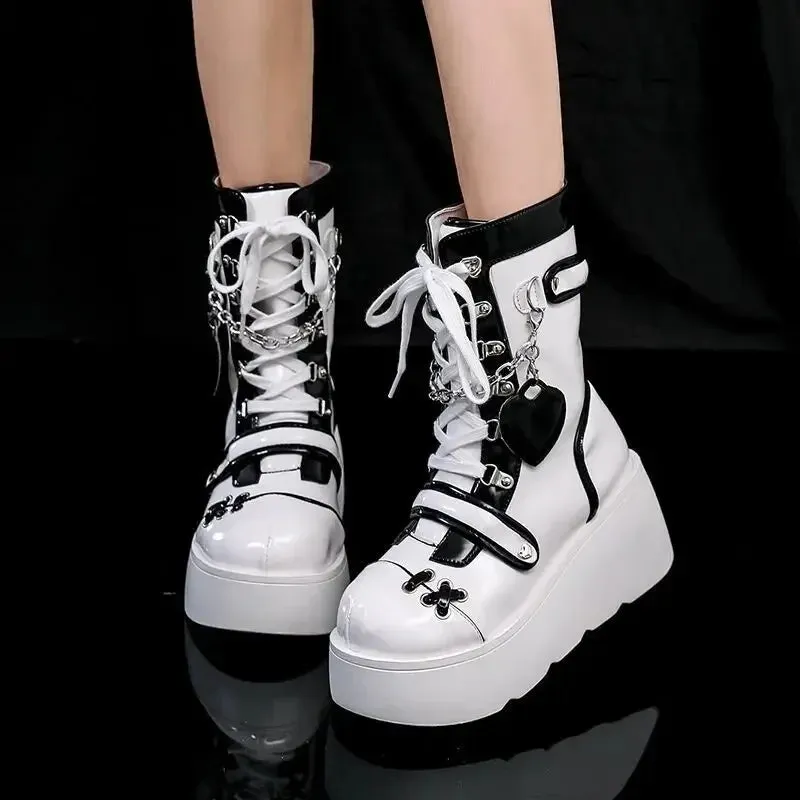 Sohiwoo New Gothic Platform Shoes Women's Boots Vampire Role Play Womens Mid-calf Boots Lace Up Wedges Punk Style Botines Para Mujeres