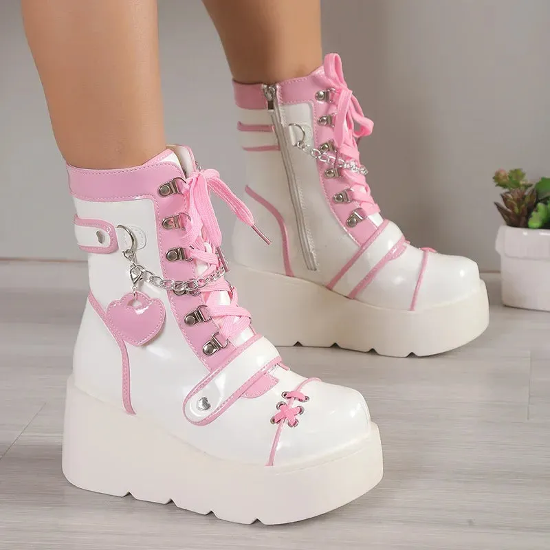 Sohiwoo New Gothic Platform Shoes Women's Boots Vampire Role Play Womens Mid-calf Boots Lace Up Wedges Punk Style Botines Para Mujeres