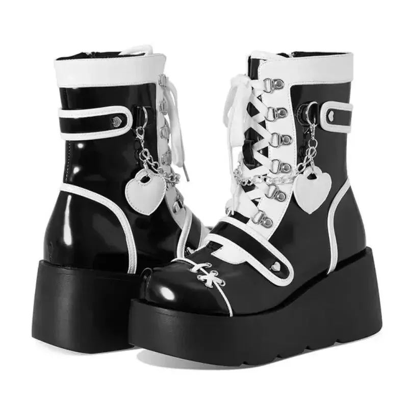 Sohiwoo New Gothic Platform Shoes Women's Boots Vampire Role Play Womens Mid-calf Boots Lace Up Wedges Punk Style Botines Para Mujeres
