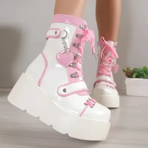 Sohiwoo New Gothic Platform Shoes Women's Boots Vampire Role Play Womens Mid-calf Boots Lace Up Wedges Punk Style Botines Para Mujeres