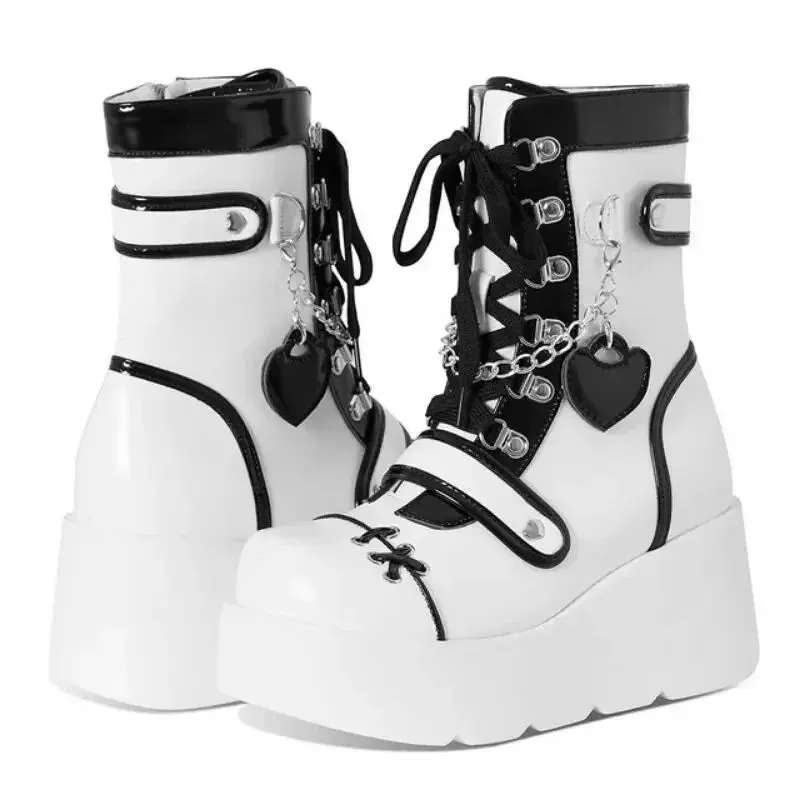 Sohiwoo New Gothic Platform Shoes Women's Boots Vampire Role Play Womens Mid-calf Boots Lace Up Wedges Punk Style Botines Para Mujeres