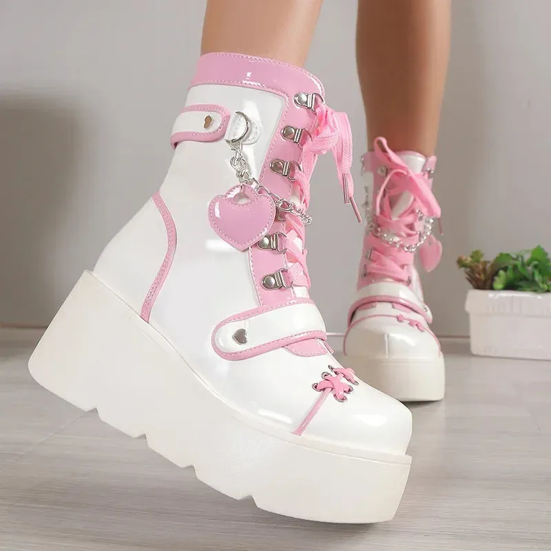 Sohiwoo New Gothic Platform Shoes Women's Boots Vampire Role Play Womens Mid-calf Boots Lace Up Wedges Punk Style Botines Para Mujeres