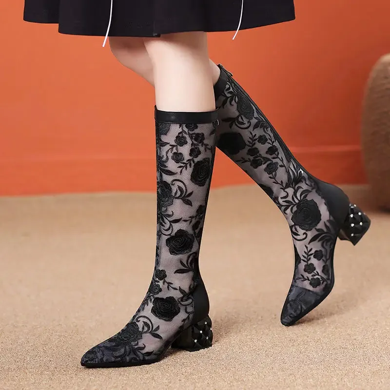 Stocking Feet- the Illusion Lace Low Heel Boot 2 Colors