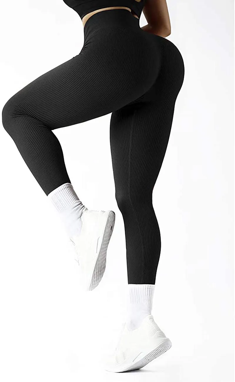 SUUKSESS Women Ribbed Seamless Leggings High Waisted Workout Gym Yoga Pants