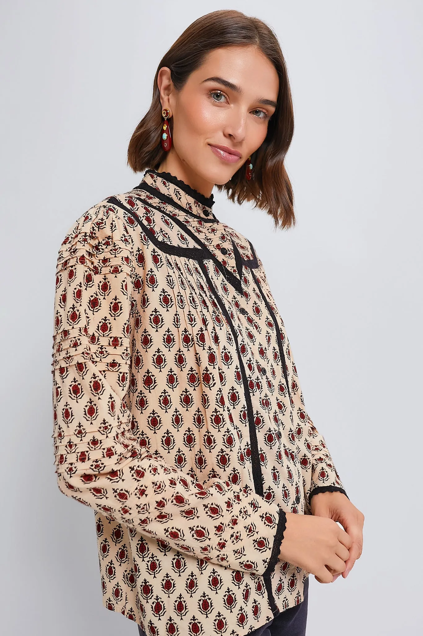 Tan and Burgundy Block Print Priya Shirt