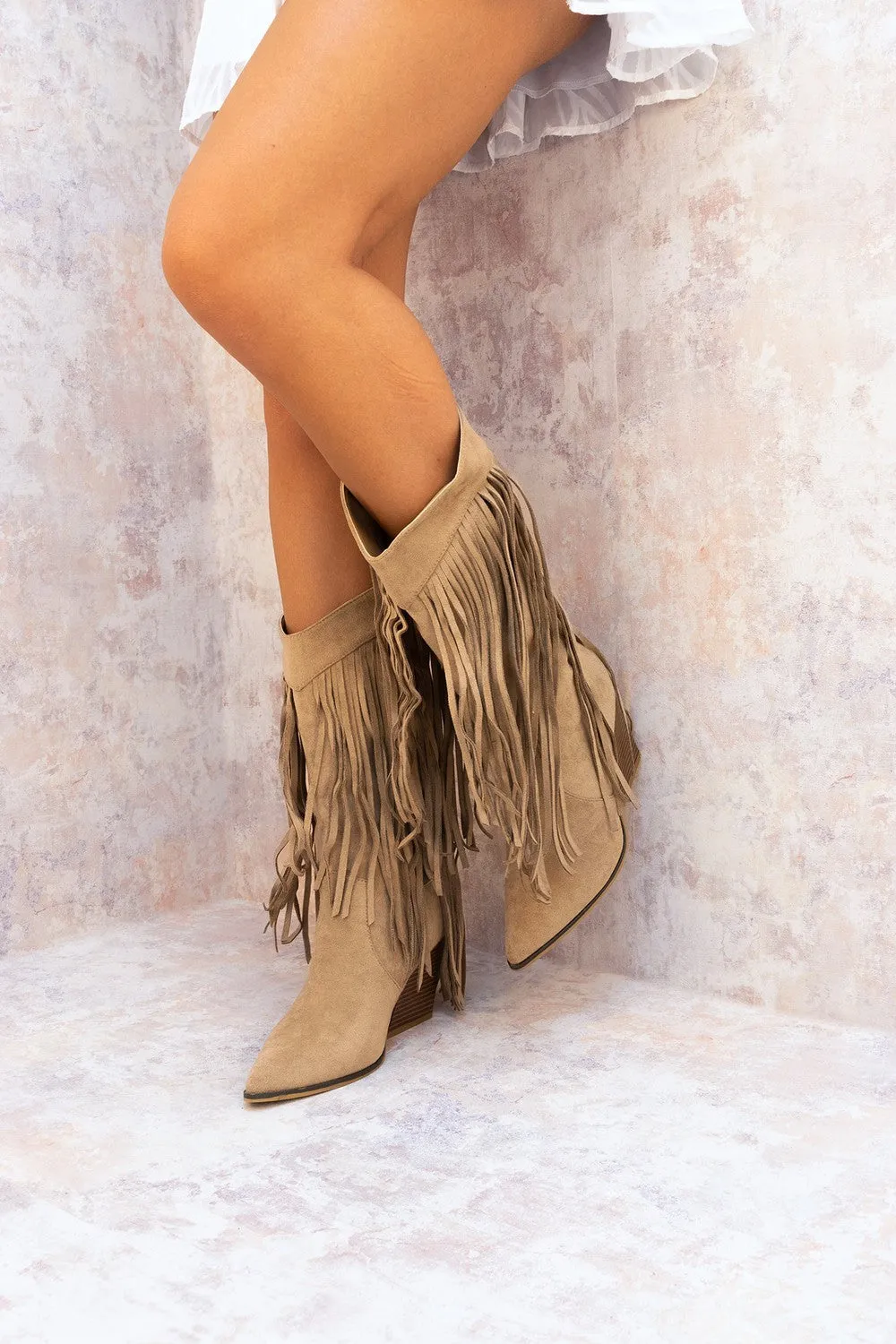 Taupe Mid Calf Length Western Faux Suede Fringe Cowboy Boot
