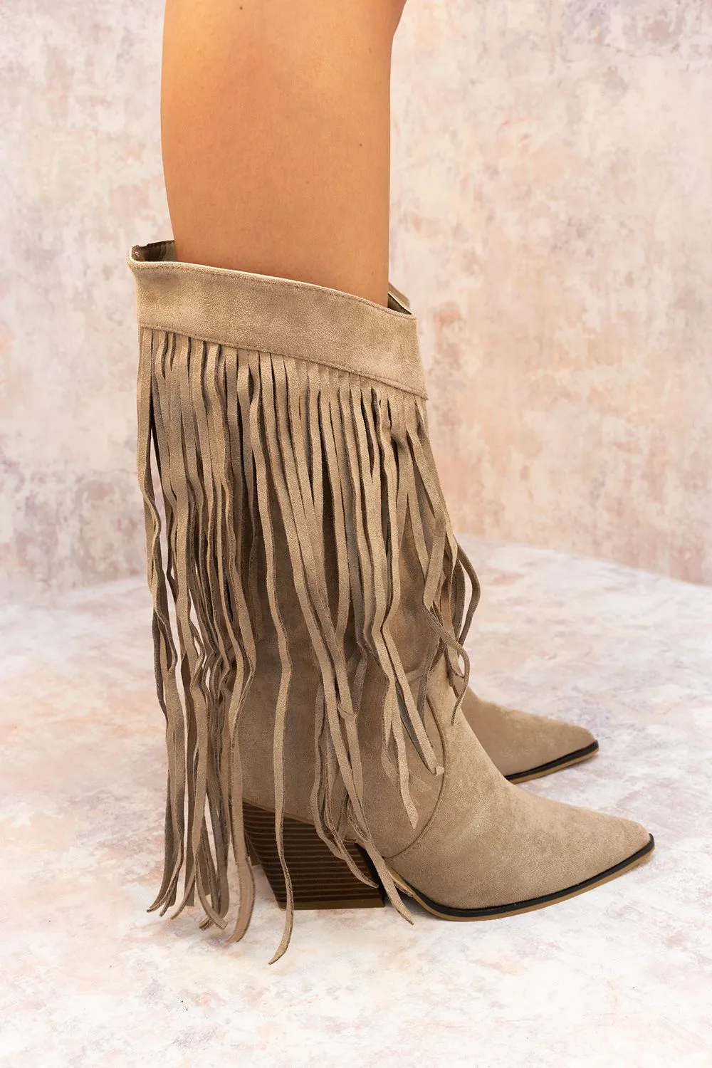 Taupe Mid Calf Length Western Faux Suede Fringe Cowboy Boot