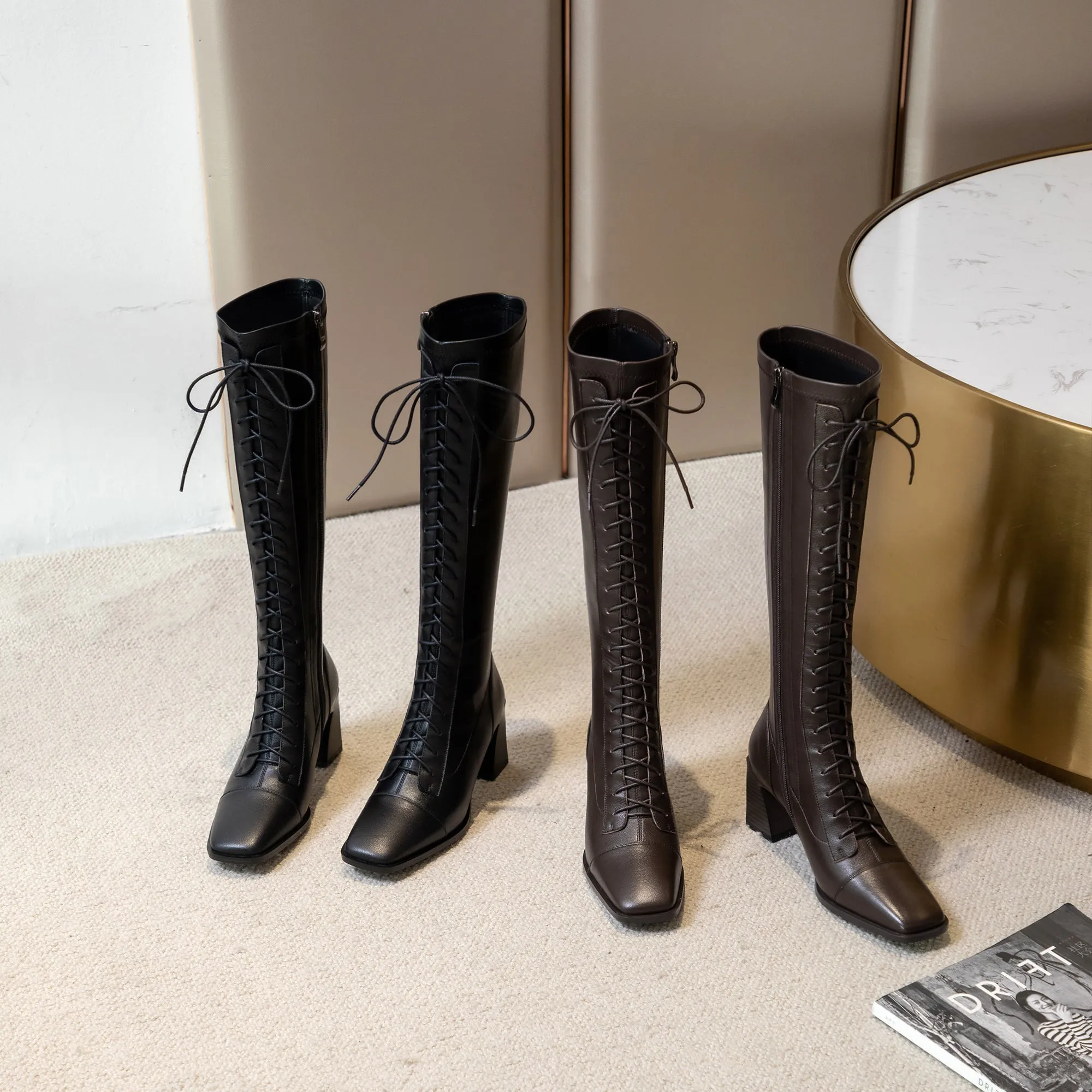 TinaCus Women's Handmade Genuine Leather Square Toe Mid Spool Heel Side Zip Up Knee High Boots with Cool Adjustable Band