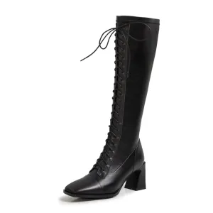 TinaCus Women's Handmade Genuine Leather Square Toe Mid Spool Heel Side Zip Up Knee High Boots with Cool Adjustable Band