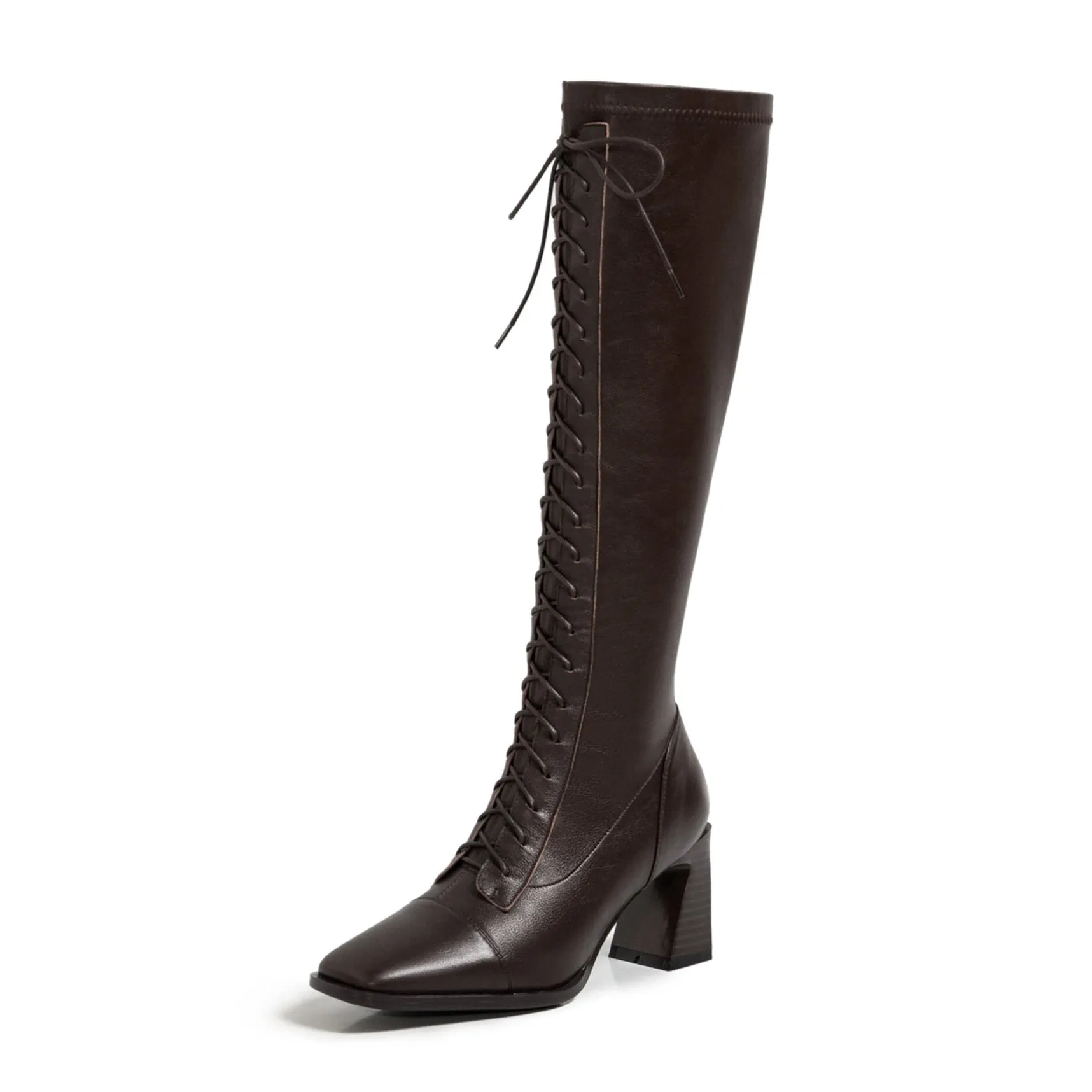 TinaCus Women's Handmade Genuine Leather Square Toe Mid Spool Heel Side Zip Up Knee High Boots with Cool Adjustable Band