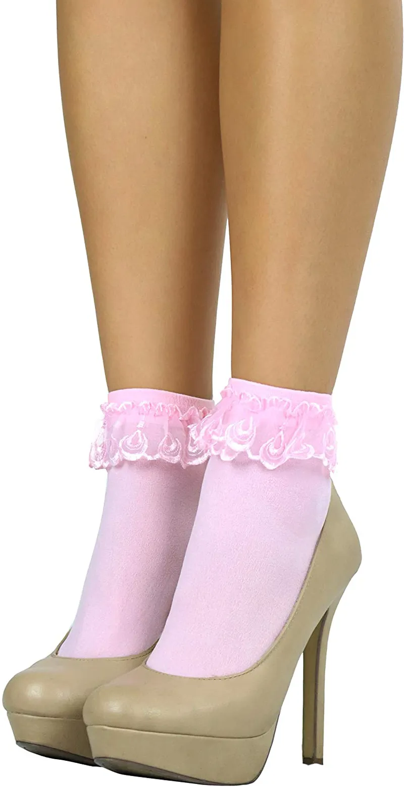 ToBeInStyle Women’s Beautiful Lace Ruffle Top Opaque Anklet Socks