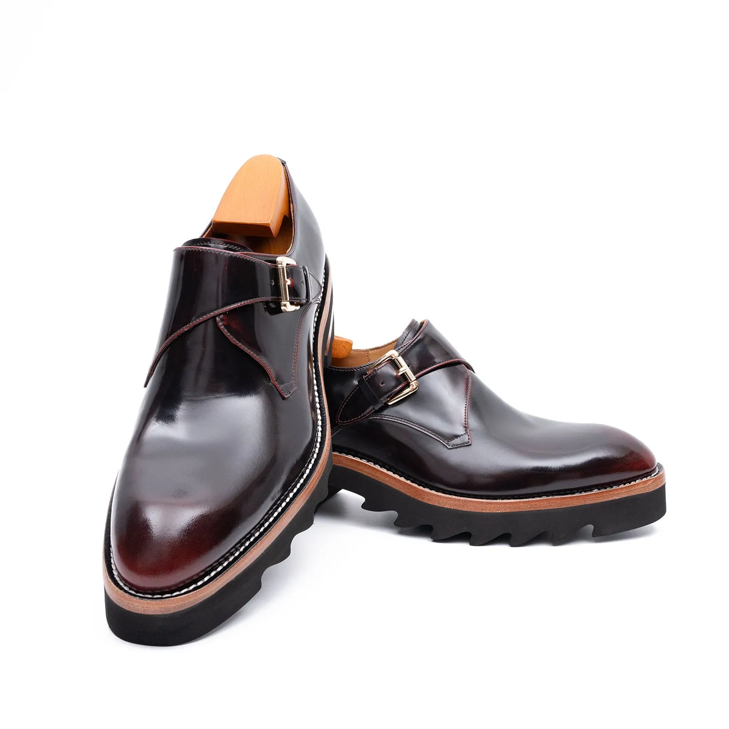 Wine Red Leather Monk Strap Shoes with Chunky Soles