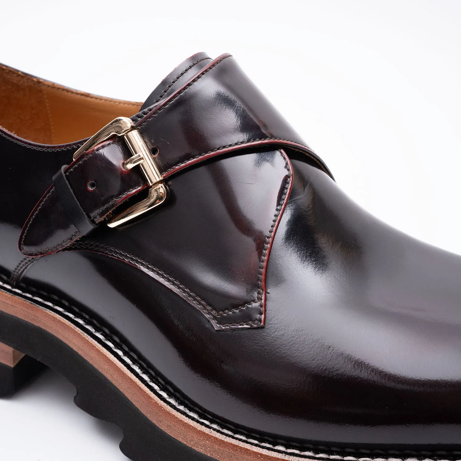 Wine Red Leather Monk Strap Shoes with Chunky Soles