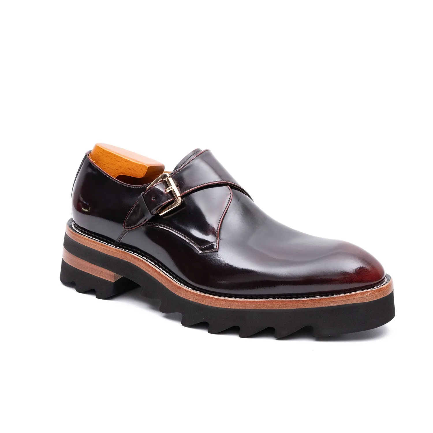 Wine Red Leather Monk Strap Shoes with Chunky Soles