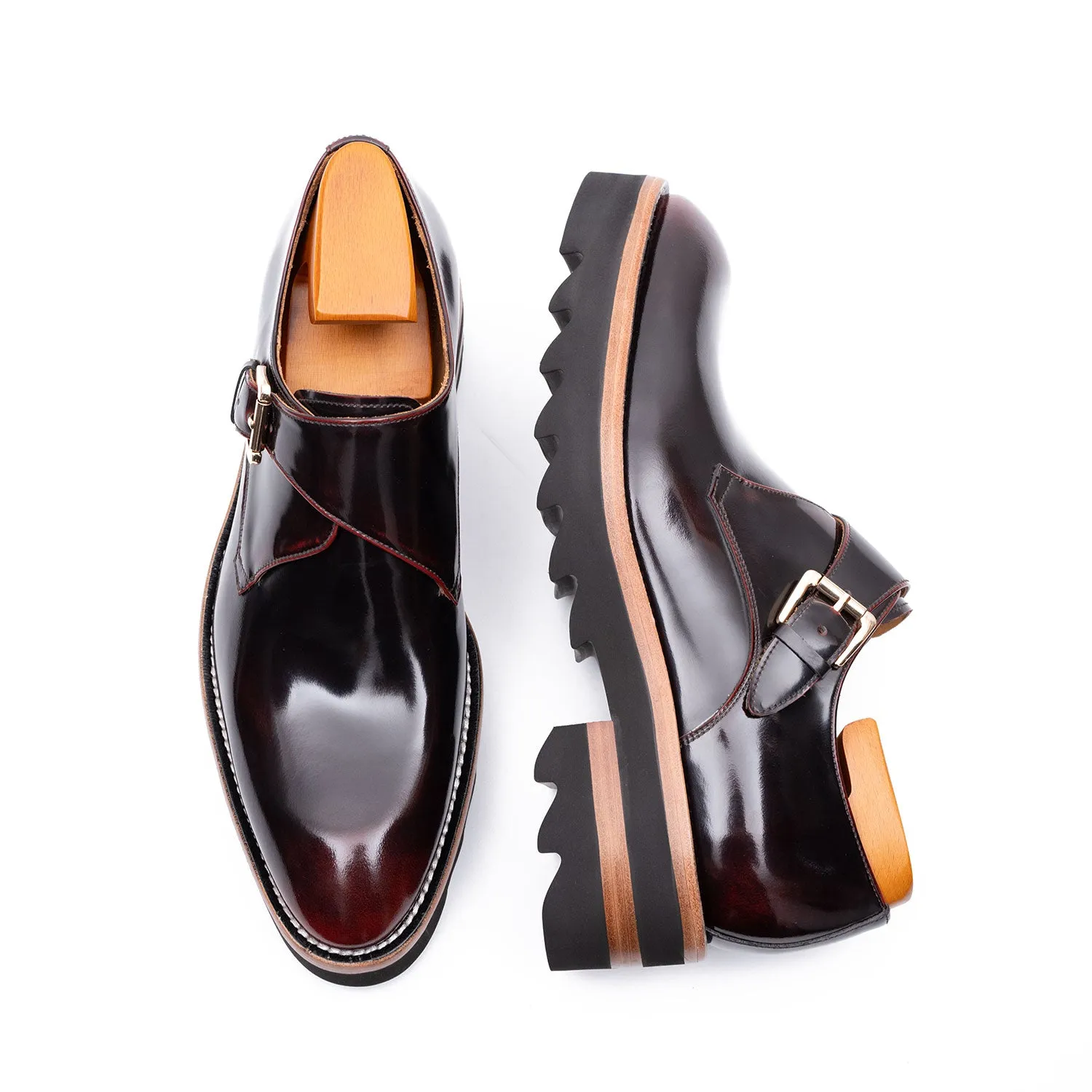 Wine Red Leather Monk Strap Shoes with Chunky Soles