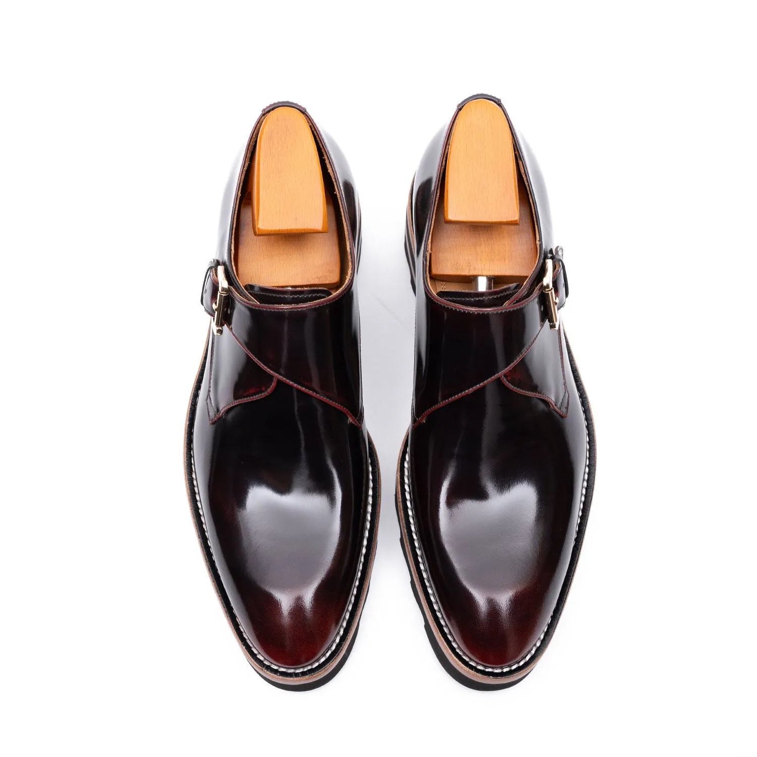Wine Red Leather Monk Strap Shoes with Chunky Soles