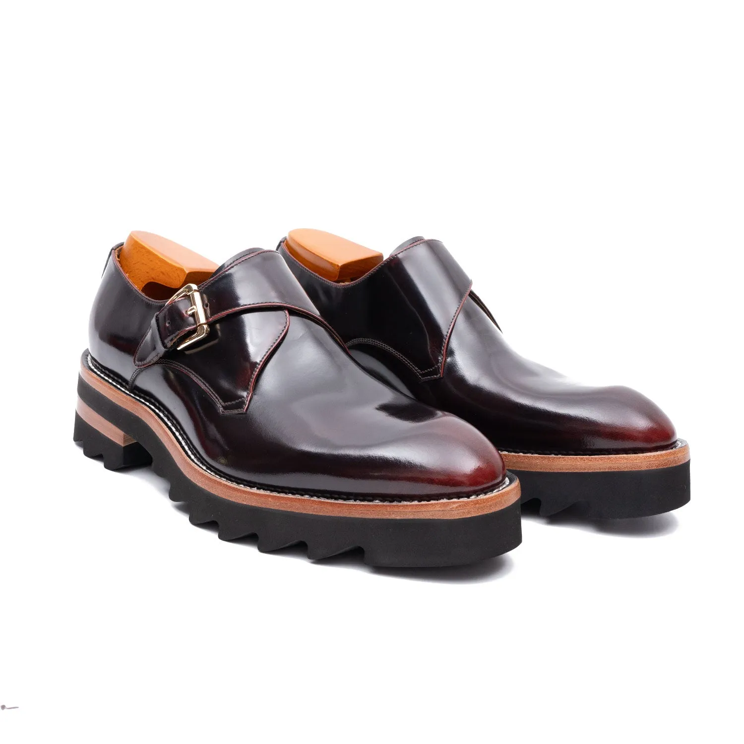 Wine Red Leather Monk Strap Shoes with Chunky Soles
