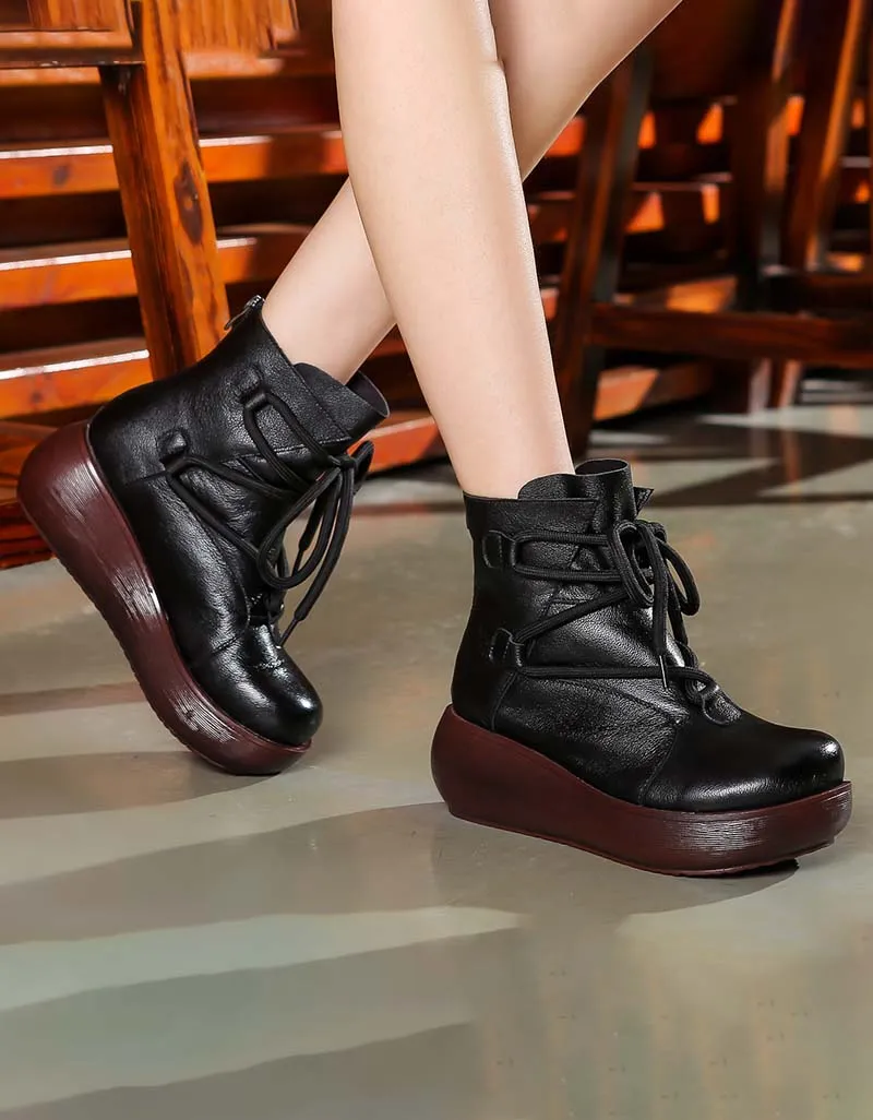 Winter Autumn Front Lace-up Retro Wedge Boots