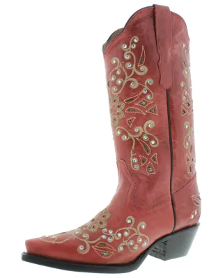 Womens 720 Red Leather Cowboy Boots Rhinestones - Snip Toe