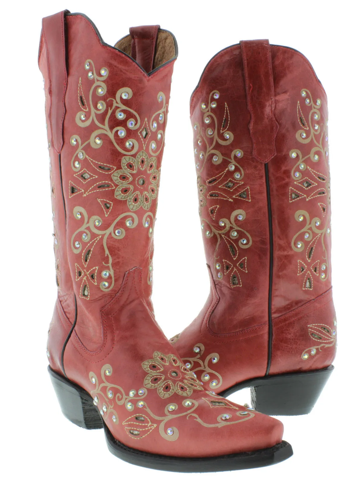 Womens 720 Red Leather Cowboy Boots Rhinestones - Snip Toe