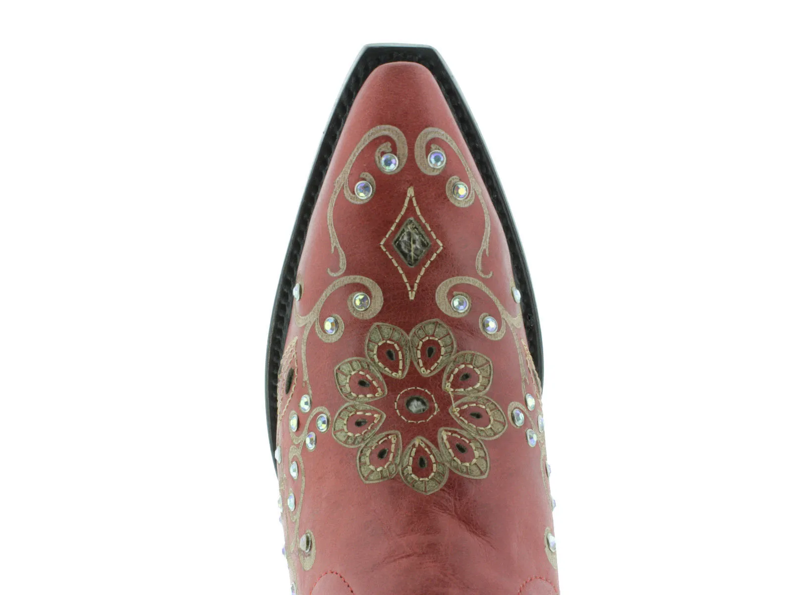 Womens 720 Red Leather Cowboy Boots Rhinestones - Snip Toe