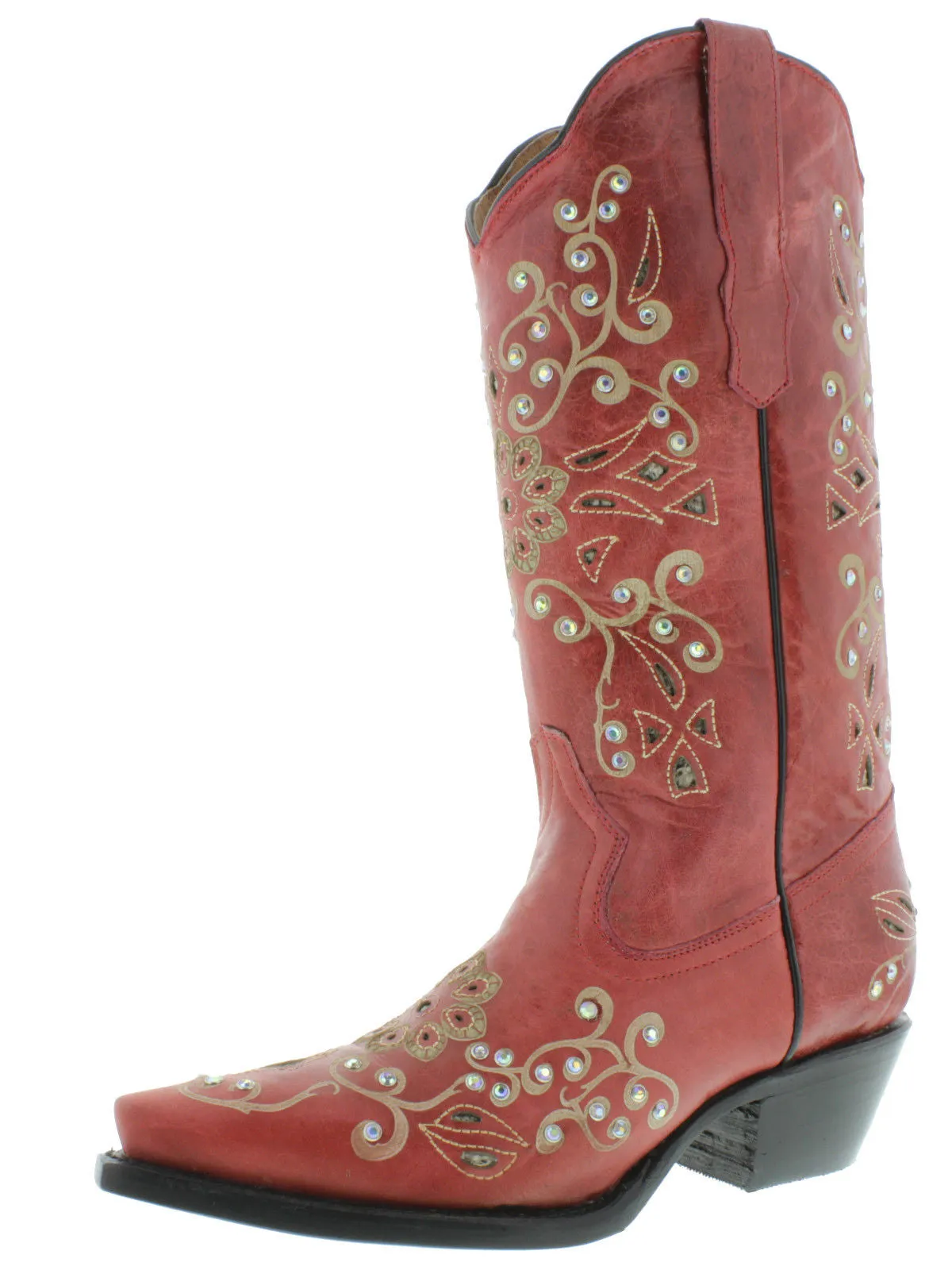 Womens 720 Red Leather Cowboy Boots Rhinestones - Snip Toe