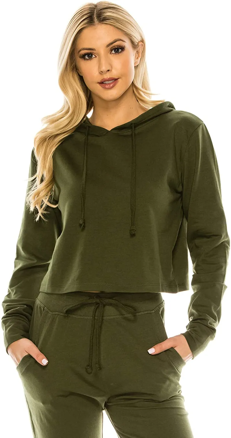 Women's Casual Crop Hoodie Sweatshirt - Long Sleeve Cute Cropped Plain Workout Drawstring Hooded Pullover Top