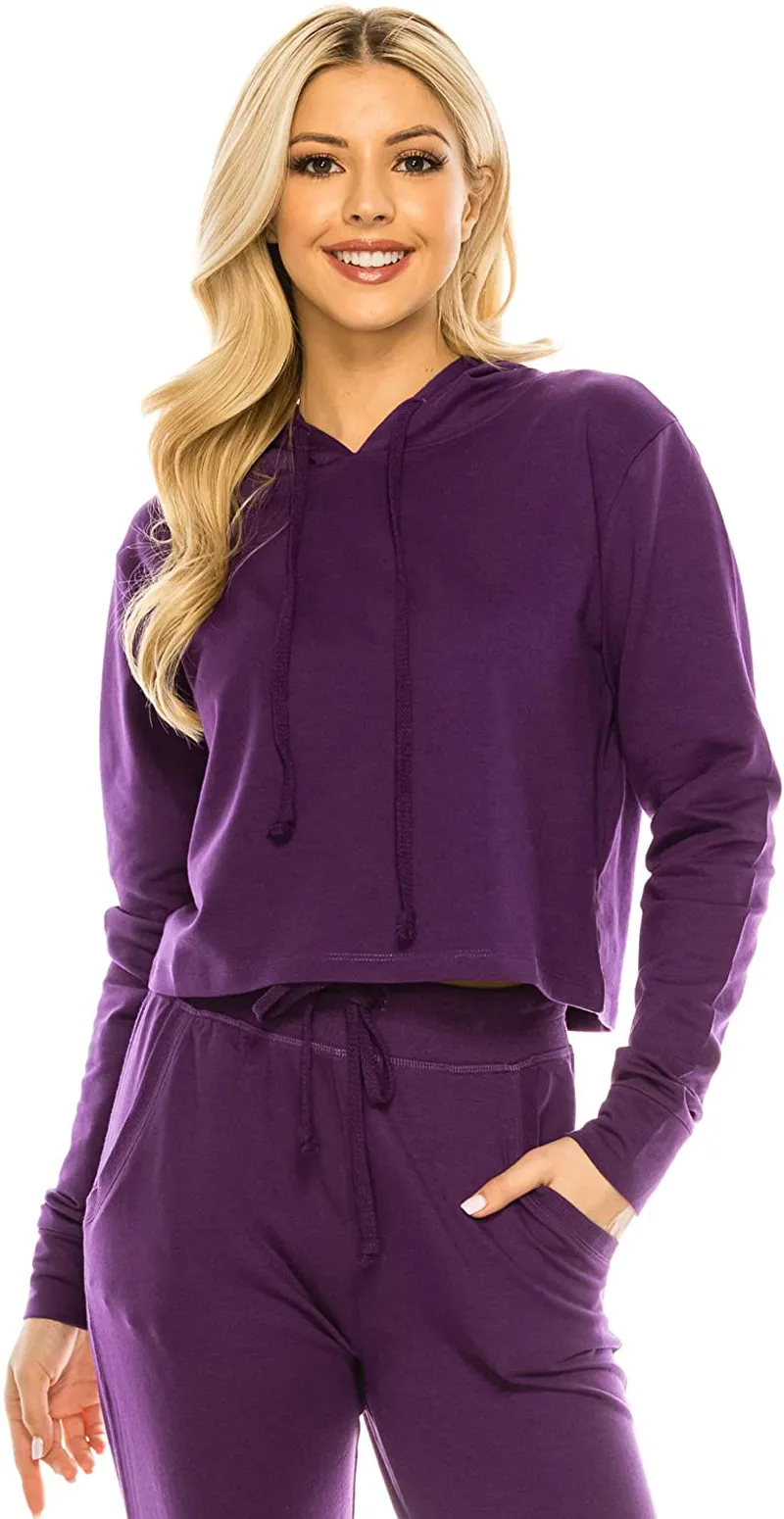 Women's Casual Crop Hoodie Sweatshirt - Long Sleeve Cute Cropped Plain Workout Drawstring Hooded Pullover Top