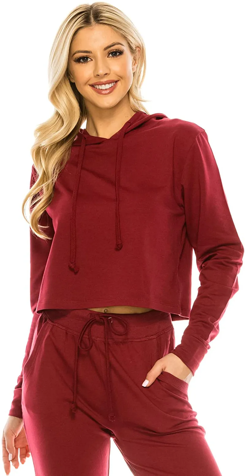 Women's Casual Crop Hoodie Sweatshirt - Long Sleeve Cute Cropped Plain Workout Drawstring Hooded Pullover Top