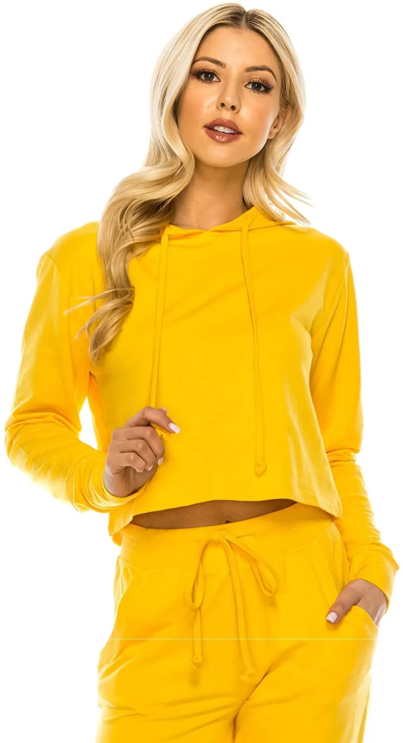 Women's Casual Crop Hoodie Sweatshirt - Long Sleeve Cute Cropped Plain Workout Drawstring Hooded Pullover Top