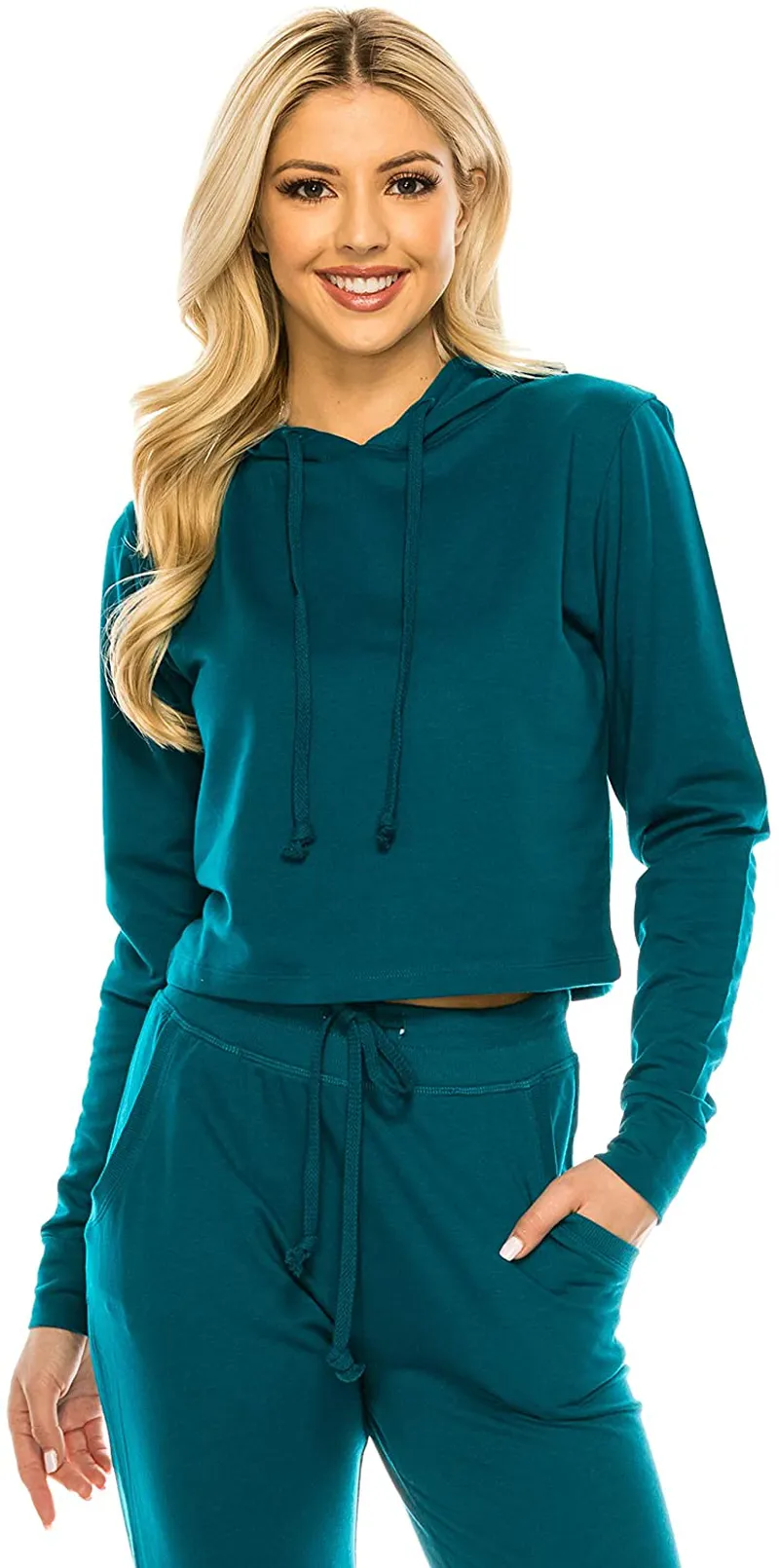 Women's Casual Crop Hoodie Sweatshirt - Long Sleeve Cute Cropped Plain Workout Drawstring Hooded Pullover Top
